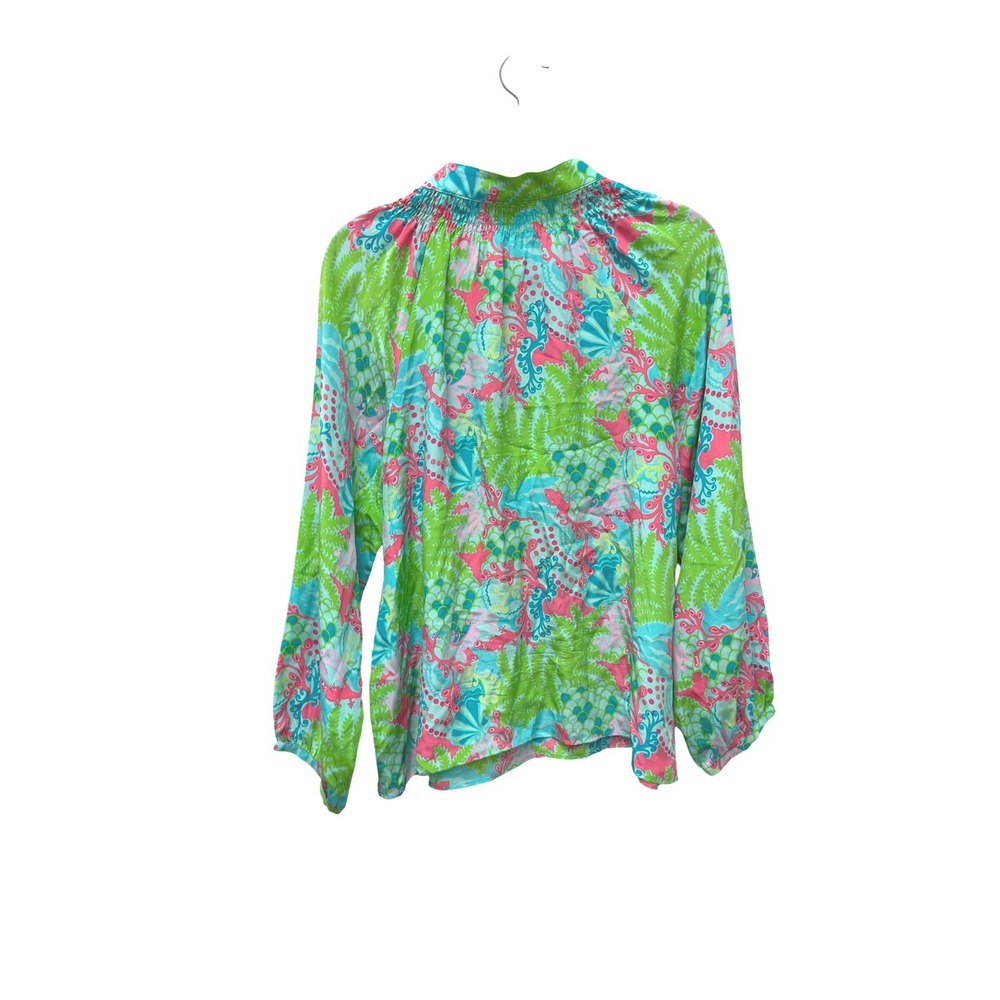 Lilly Pulitzer Silk Blouse Pink Green Tropical Smocked Neck Top Size 14 - Picture 8 of 9